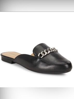 Adrienne Vittadini Womens Loafer SlipOn Chain Black Mule Almond Leather Davey 9